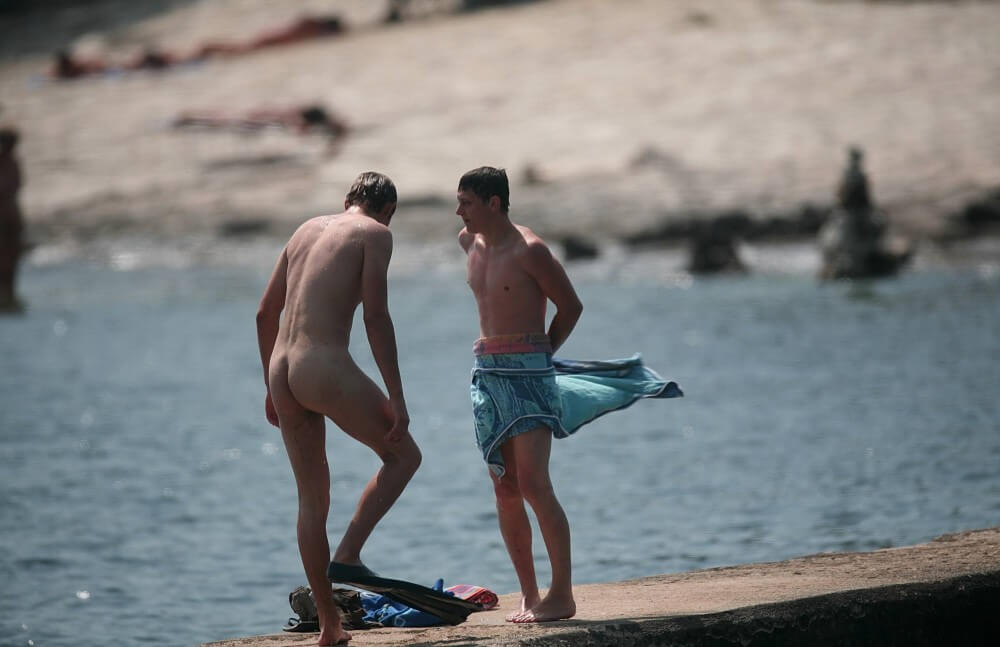 Nudists Boys - Water Prep On The Ledge - Getting rid of swimsuits